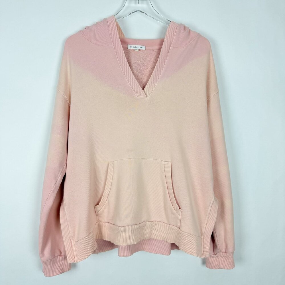 Mododoc Boxy Hooded Sweatshirt Women's Size L Peach Pink Dip Dye V-Neck Hoodie
